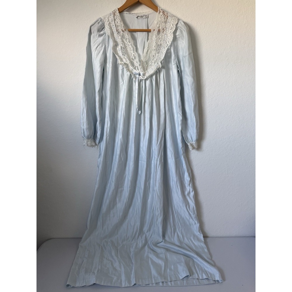 Vintage 70s CHRISTIAN DIOR Satin Nightgown in Baby Blue Lace Collar Long Sleeve